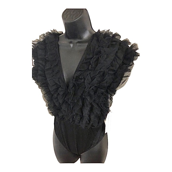 Ruffled Chiffon tulle plunge front black bodysuit size medium brand new - Picture 12 of 16